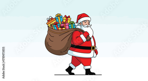 Illustration of a cheerful Santa Claus walking with a large sack full of colorful Christmas presents, spreading holiday cheer