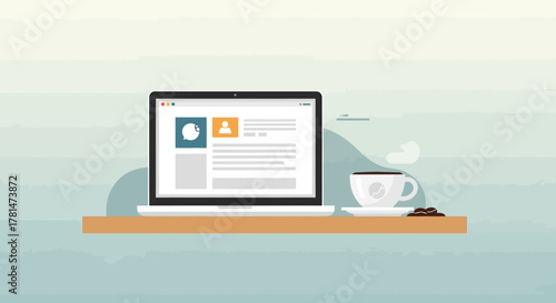 Flat design vector illustration of a modern workspace with a laptop displaying an online user profile page and a cup of coffee