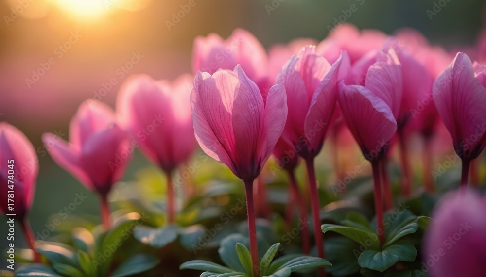 Obraz premium Group of bright pink cyclamen flowers in soft sunlight. Delicate petals and green leaves create a beautiful natural scene. Floral detail captures delicate bloom and gentle lighting.