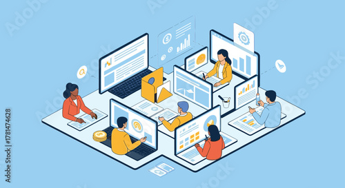 Remote teamwork illustration, virtual office, corporate collaboration, data analysis, professional communication, business meeting, shared resources, cloud storage, modern workplace