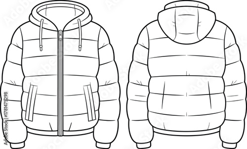 Technical flat sketch of padded puffer hooded jacket with zipper and pockets, detailed winter outerwear apparel CAD drawing vector illustration