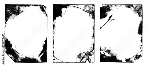 Set of grunge ink paper frames with rough texture and vintage print effect. Distressed analog vinyl paper background for punk album covers, zine design, posters, and creative overlays.