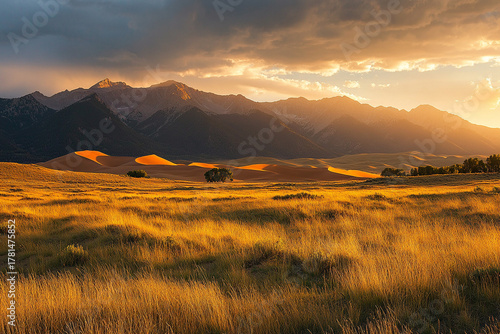 Fototapeta Naklejka Na Ścianę i Meble -  Golden sand dunes glowing under the last light of sunset