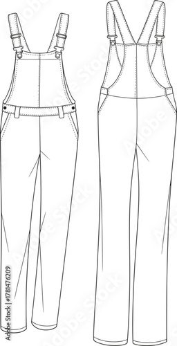 Women denim overalls technical flat fashion sketch with adjustable straps and pockets, stylish jumpsuit CAD garment vector illustration design