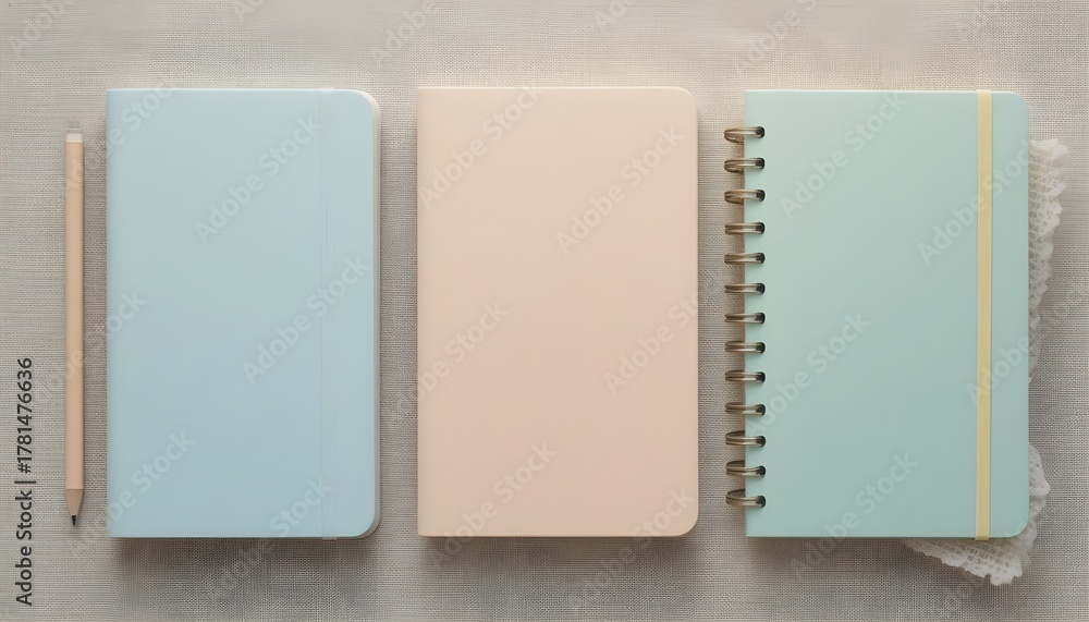 Fototapeta premium Pastel-colored notebooks and pencils on beige linen cloth