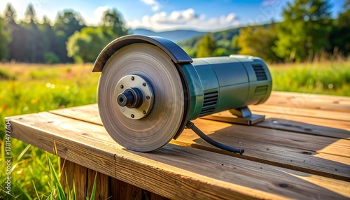 A tool rests on a wooden surface outdoors, showcasing a circular blade and a metallic body, with a natural backdrop