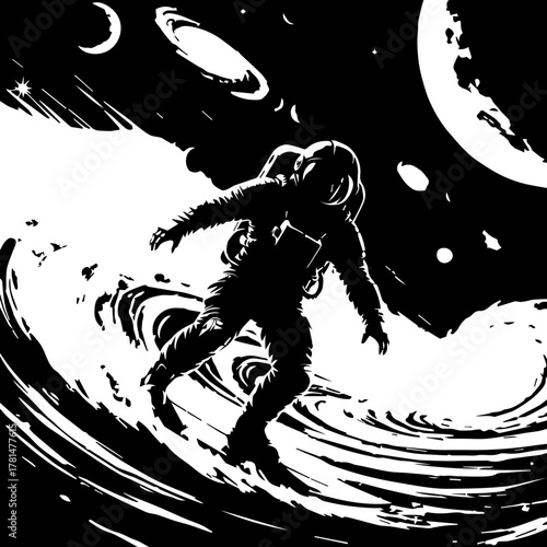 Astronaut Surfing on a Cosmic Wave in Space.