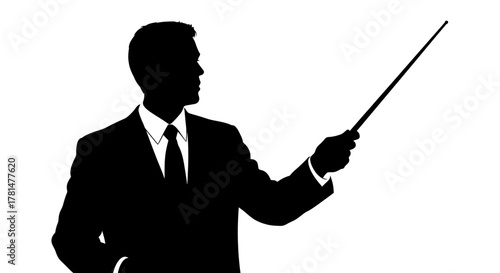 Silhouette of a man in a business suit holding a pointer stick, gesturing to the right, on white background