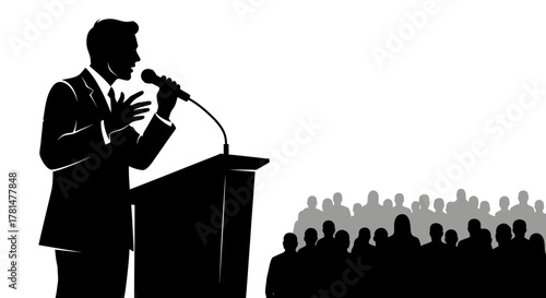 Black silhouette of a man speaking into a microphone at a podium before a shadowed audience