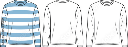 Long sleeve striped t shirt front and back view, fashion cad drawing, technical flat sketch, apparel design template illustration vector
