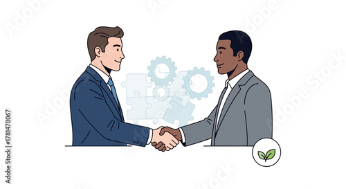 Two diverse businessmen in suits shake hands, symbolizing partnership. Gears, puzzles & leaf suggest innovation & sustainability