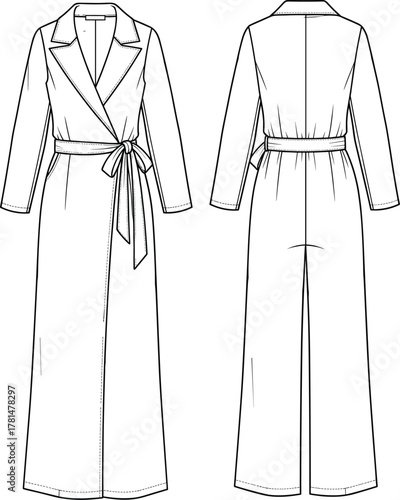 Long trench coat technical fashion sketch, front and back view, belted wrap design, cad drawing flat vector illustration, garment construction