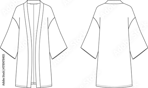 Minimalist kimono jacket technical flat sketch, unisex outerwear fashion CAD drawing with wide sleeves, front and back view detailed vector illustration