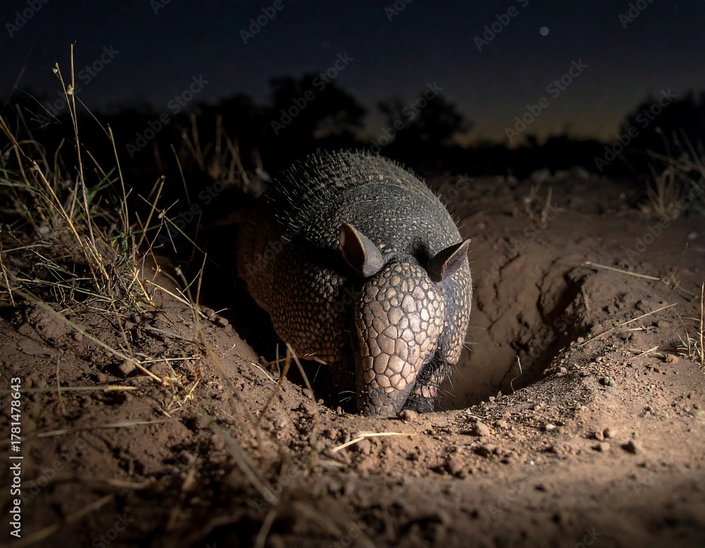 Obraz premium Armadillo emerging from burrow at night, under a star-speckled sky