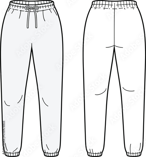 Modern jogger sweatpants fashion flat sketch front and back view, elastic waistband, drawstring cord, cuffed hem, detailed technical vector illustration, apparel design template