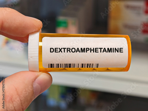 Box of DEXTROAMPHETAMINE tablets on a hospital pharmacy table used to treat ADHD and narcolepsy a stimulant.