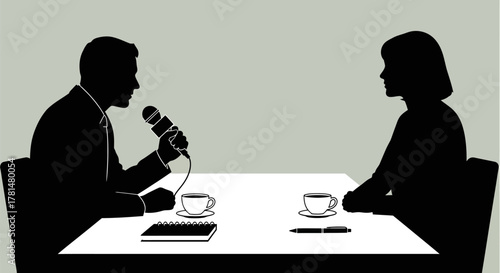 Silhouette illustration of a man interviewing a woman at a table with coffee cups and notebook