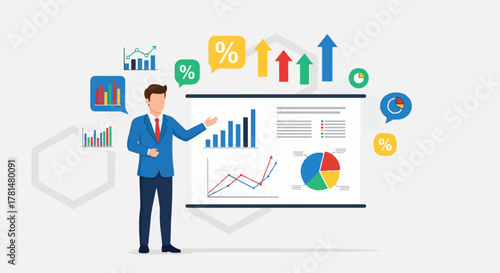 Vector illustration of businessman giving presentation with charts, graphs, and data board. Corporate flat design.