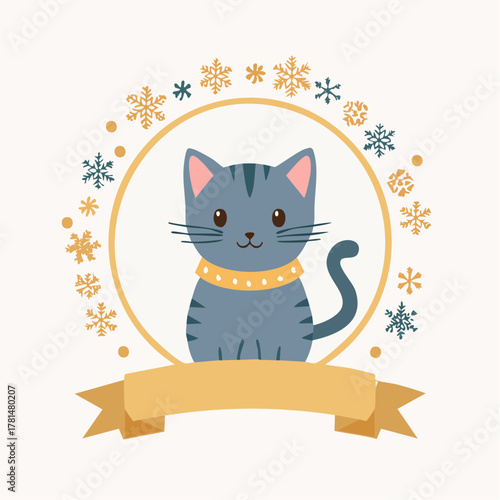 マフラーを巻いたねこのクリスマス円形枠