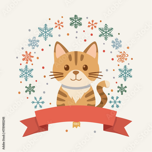 マフラーを巻いたねこのクリスマス円形枠