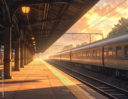 A train station bathed in golden sunlight. A train is arriving with warm colors illuminating the scene