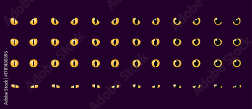 Set of yellow glowing eyes dark background fantasy magic cartoon animal reptile feline mammal monster demon dragon shiny pupil vector illustration