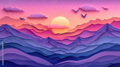 Layered paper mountains at sunrise, soft clouds, birds fly