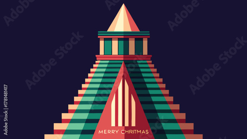 Stylized geometric pyramid structure with a pointed top and festive merry christmas text in a deep purple background