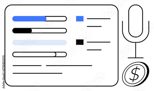 Dashboard interface featuring progress bars, microphone icon, and currency symbol, representing audio recording, analytics, earnings, or media monetization. Ideal for digital, tech workflow