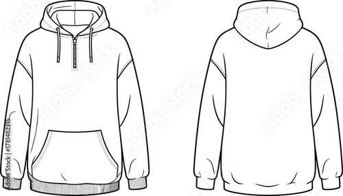 Hoodie sweatshirt flat sketch technical drawing, front and back view with hood, pocket, and drawstring, fashion vector apparel design template