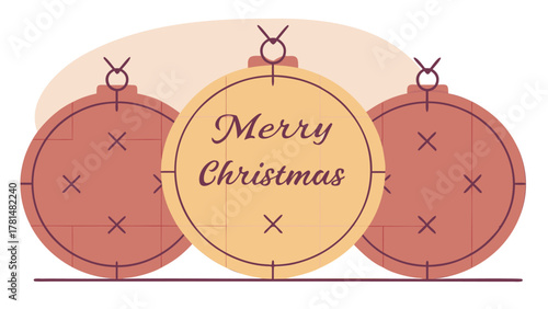 Festive merry christmas greeting with three stylized decorative ornaments in warm muted colors
