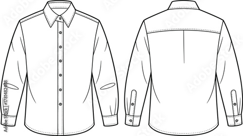 Long sleeve shirt fashion sketch, front back view garment design, cad drawing flat vector illustration, technical clothing template for designers