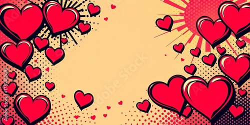 Retro comic book style Valentine's Day background with hearts and pop art patterns,  vector,  red