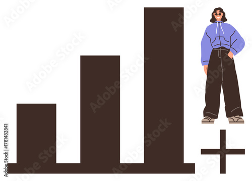 Tall bar chart with ascending columns next to a casually dressed woman. Ideal for growth, analytics, performance, progress, personal development, success, modern simplicity. Simple flat metaphor