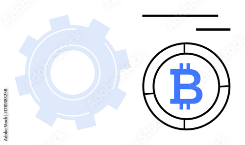 Bitcoin symbol inside a coin representing digital currency, next to a gear signifying technology and functionality. Ideal for cryptocurrency, blockchain, fintech, innovation, system, investment