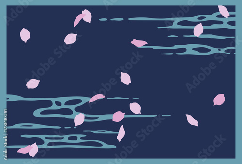 夜の水面に散る桜の花びら　レトロなベクターイラスト