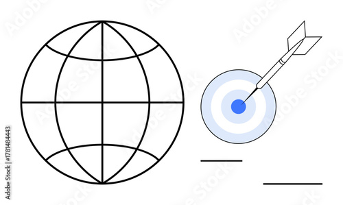 Globe with grid lines alongside target hit by an arrow in bullseye. Ideal for strategy, success, business, globalization, marketing, focus, goal achievement. Clean simple flat metaphor