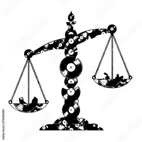 Black and White Vinyl Record Scales Representing Balance and Justice