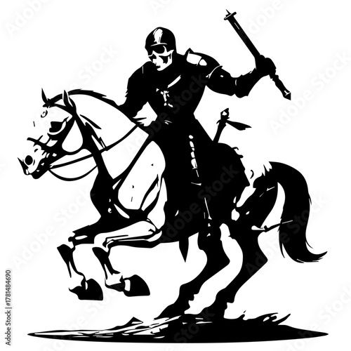 Black Silhouette of a Skeleton Knight Riding a Galloping Horse