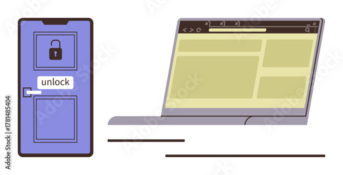 Locked door with unlock text next to a laptop displaying a web interface. Ideal for digital access, cyber security, online privacy, password protection, secure login, data security, simple flat