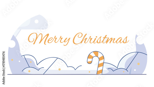 Festive merry christmas greeting with a candy cane and abstract winter snowdrift shapes in a minimalist style