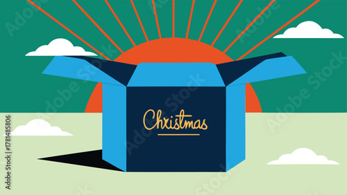 Open christmas gift box with sunburst and clouds in a modern flat design style