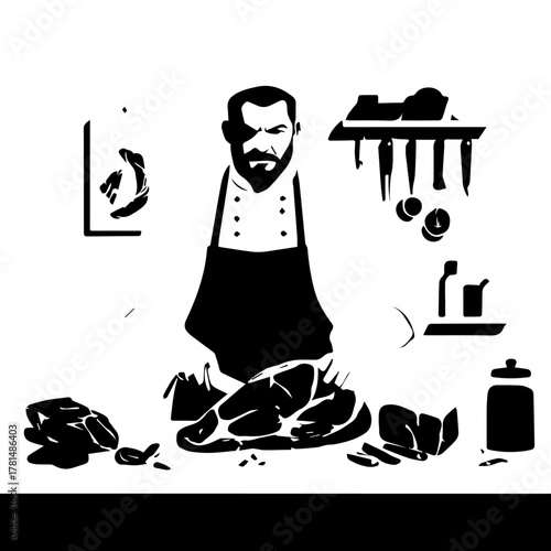 Butcher Chef with Raw Meat and Kitchen Utensils in Stylized Illustration