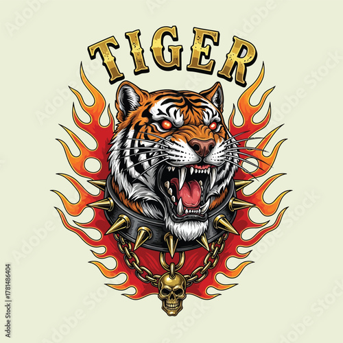 Powerful mascot design of a snarling tiger head with glowing orange eyes and a spiked collar, engulfed in vibrant flames