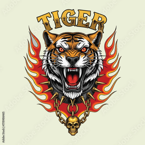 Aggressive Tiger Head with Fiery Flames, Showing Teeth and a Skull Necklace, Vector Illustration