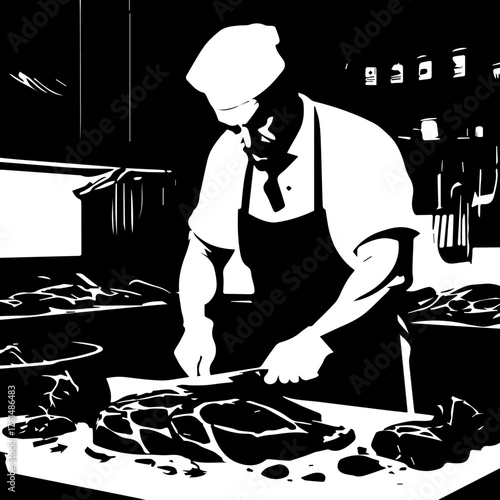 Butcher in apron skillfully cuts raw meat with knife