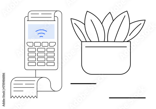 Payment terminal with contactless icon and paper receipt beside potted plant. Ideal for finance, technology, eco-living, point-of-sale systems, sustainability, digital commerce, green business