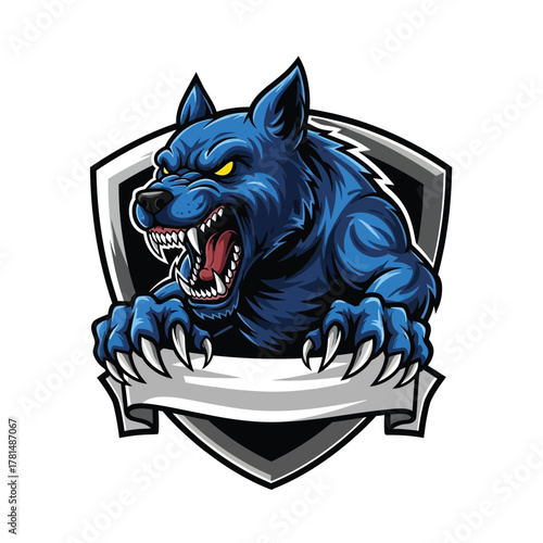 Aggressive Blue Wolf Mascot with Open Mouth, Shield and Banner Emblem