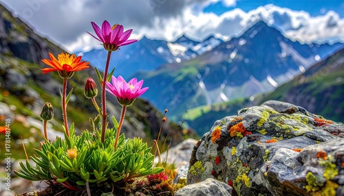 Fototapeta Naklejka Na Ścianę i Meble -  Vibrant wildflowers bloom in a rocky mountain landscape with snow-capped peaks under a bright blue sky with dramatic clouds