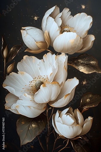 Refined floral artwork featuring large white blossoms with delicate, gilded accents on a deep dark background. Soft luminous petals, fine lines and subtle splashes create a luxurious, contemporary wal